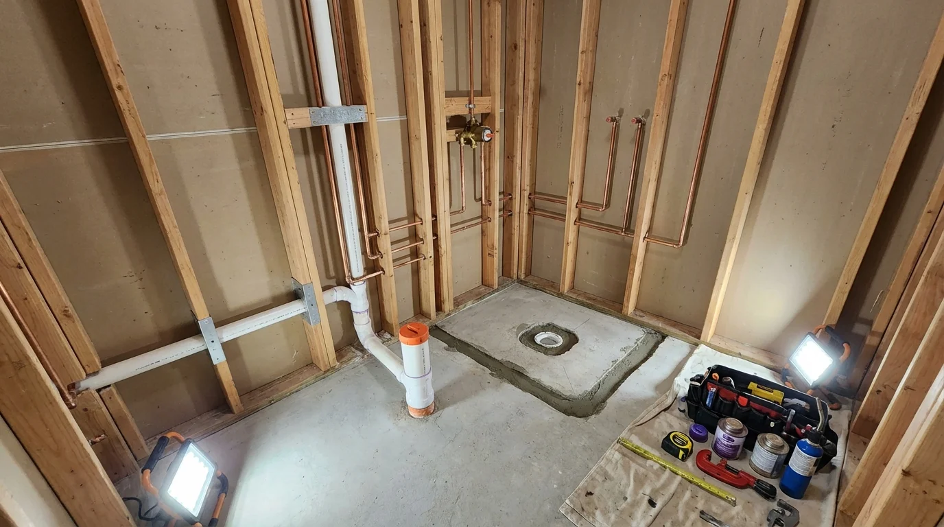 Bathroom rough-in plumbing during remodel by Johns Plumbing LLC in Ferdinand