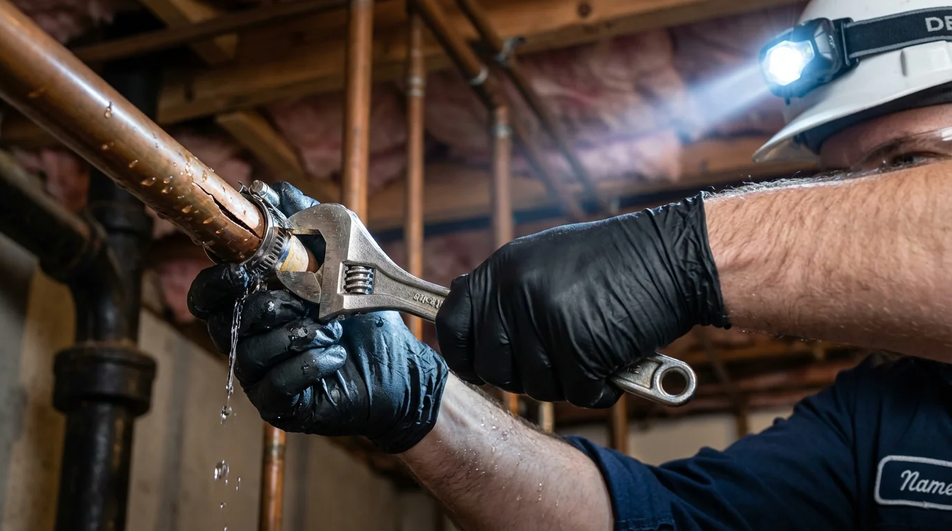 Emergency pipe clamp repair being performed by a Johns Plumbing LLC plumber in Ferdinand