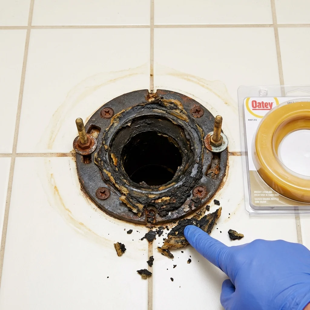 Failed wax ring showing water seepage at the base of a toilet in a Ferdinand, IN home