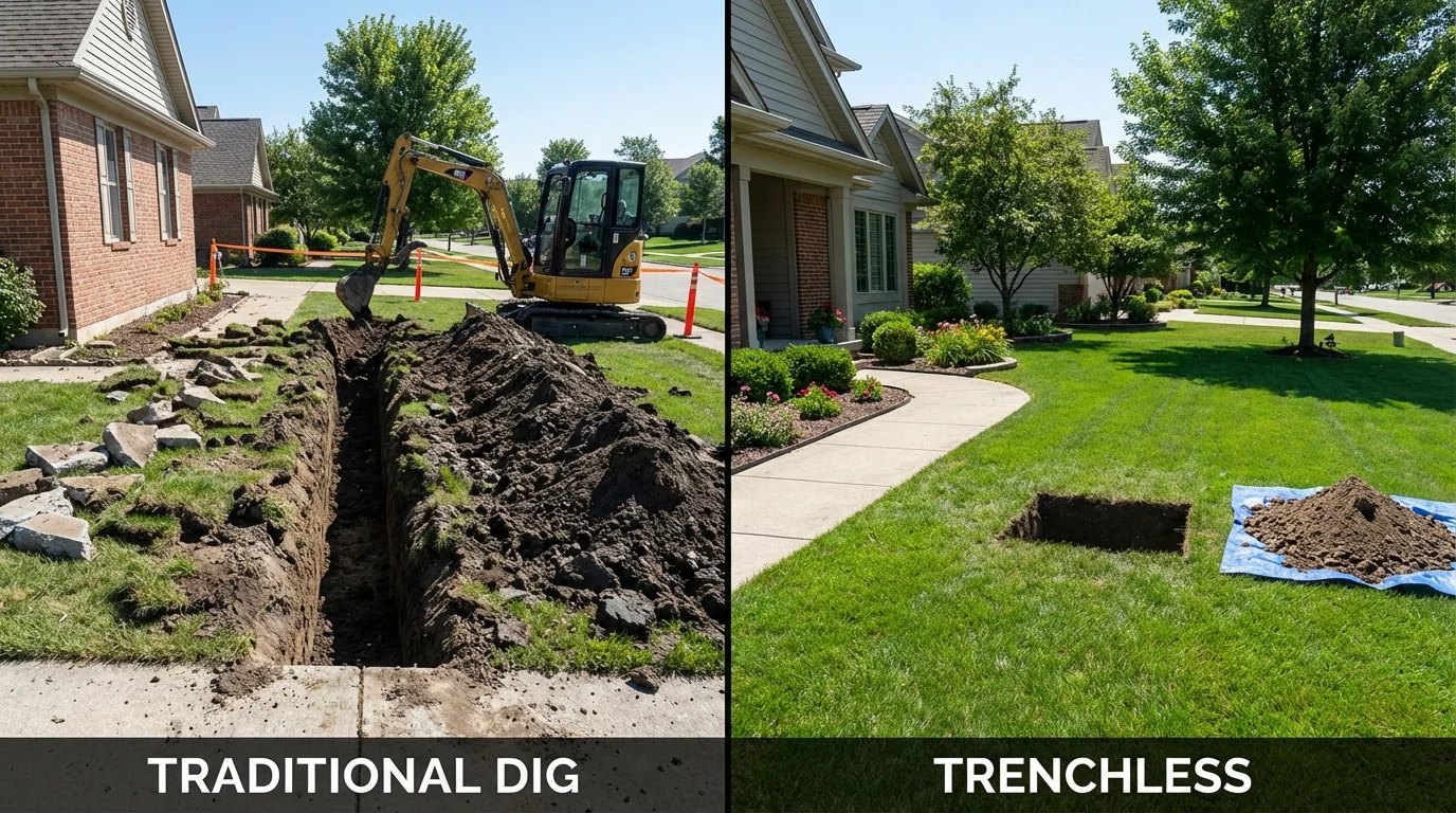 Trenchless sewer repair with minimal yard damage versus traditional excavation in Ferdinand, IN
